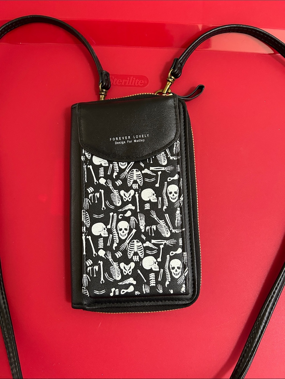 Black Skeleton Print Crossbody Wallet